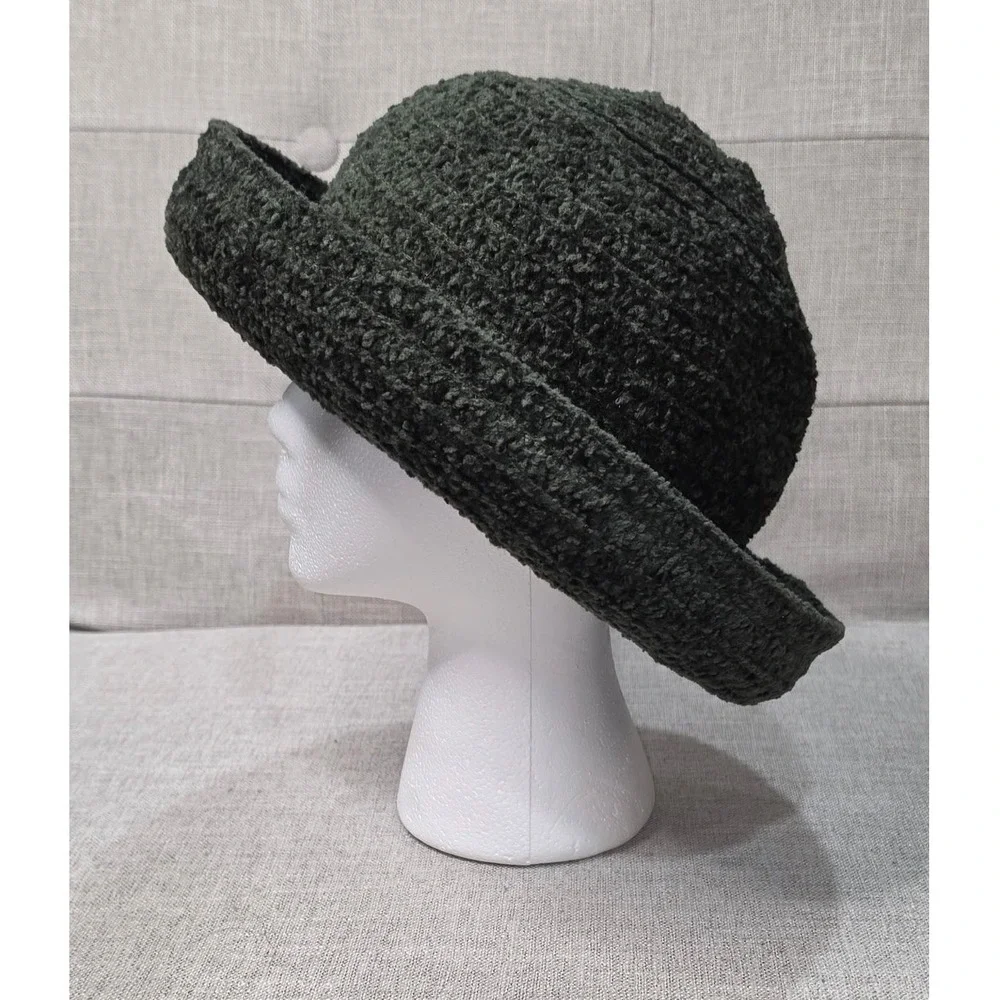 Vintage Dark Green Crochet Bucket Hat Boucle Knit Textured Winter Cloche Hat